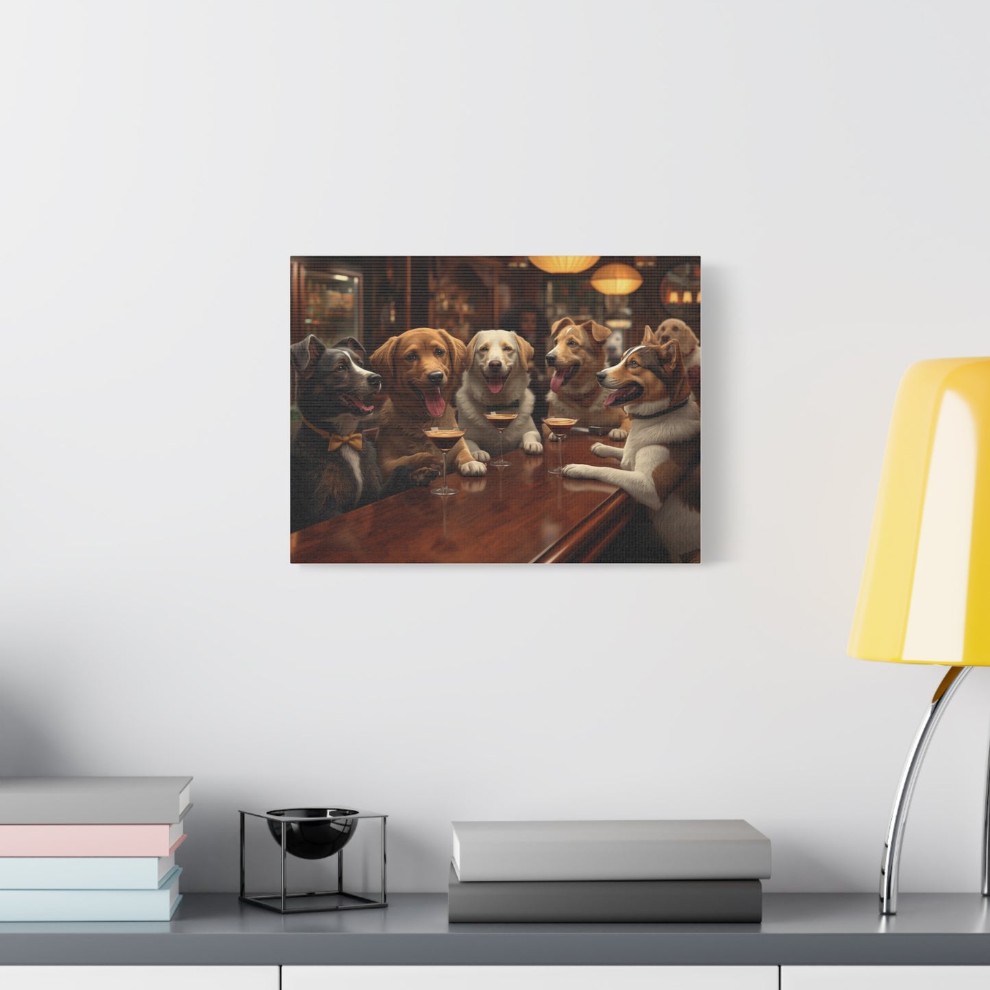Dogs at the Bar Matte Canvas Wall Art — Funny Bar Scene for Dog Lovers