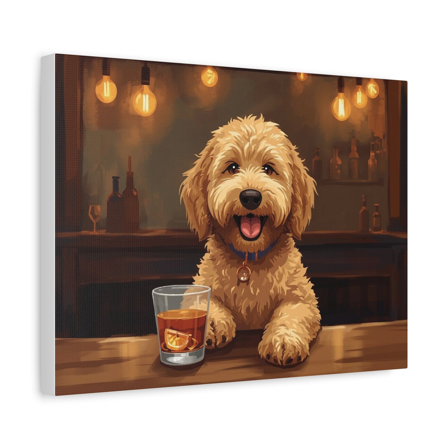 Happy Labradoodle Bar Art Canvas — Cute Dog with Whiskey Glass Wall Decor