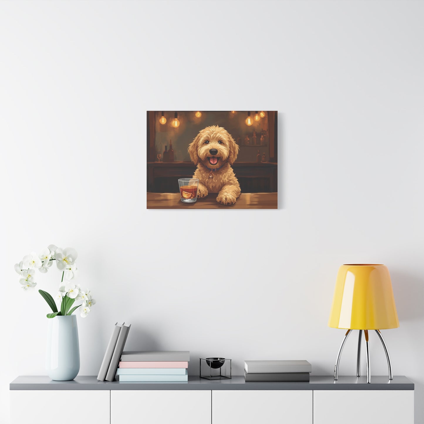 Happy Labradoodle Bar Art Canvas — Cute Dog with Whiskey Glass Wall Decor