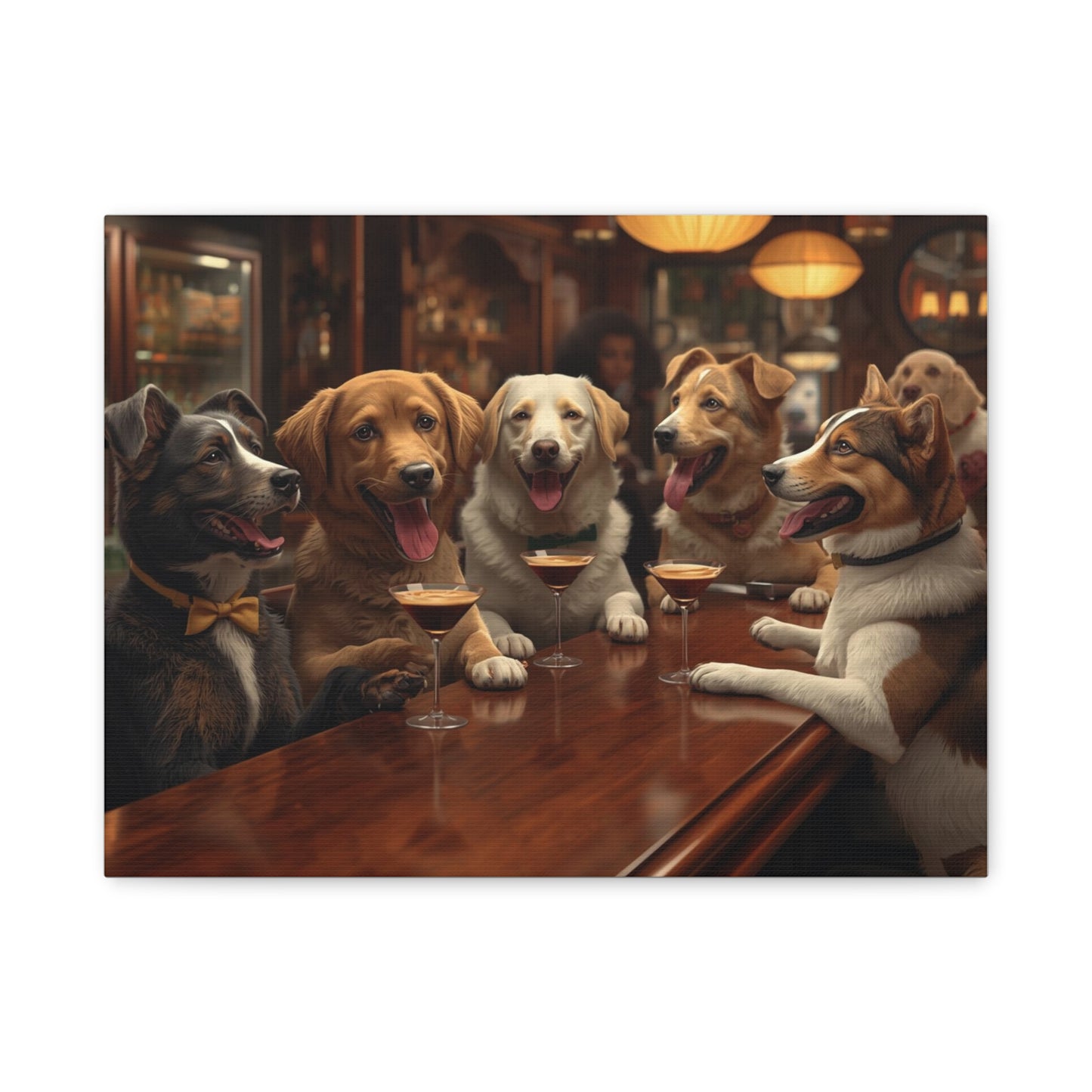 Dogs at the Bar Matte Canvas Wall Art — Funny Bar Scene for Dog Lovers
