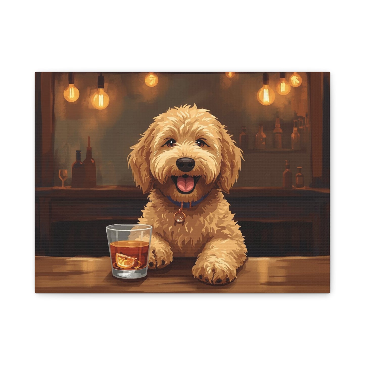 Happy Labradoodle Bar Art Canvas — Cute Dog with Whiskey Glass Wall Decor