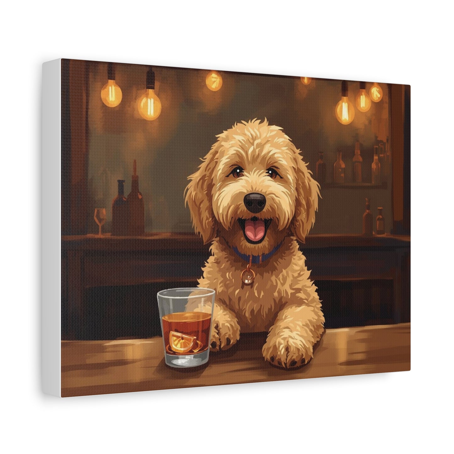 Happy Labradoodle Bar Art Canvas — Cute Dog with Whiskey Glass Wall Decor