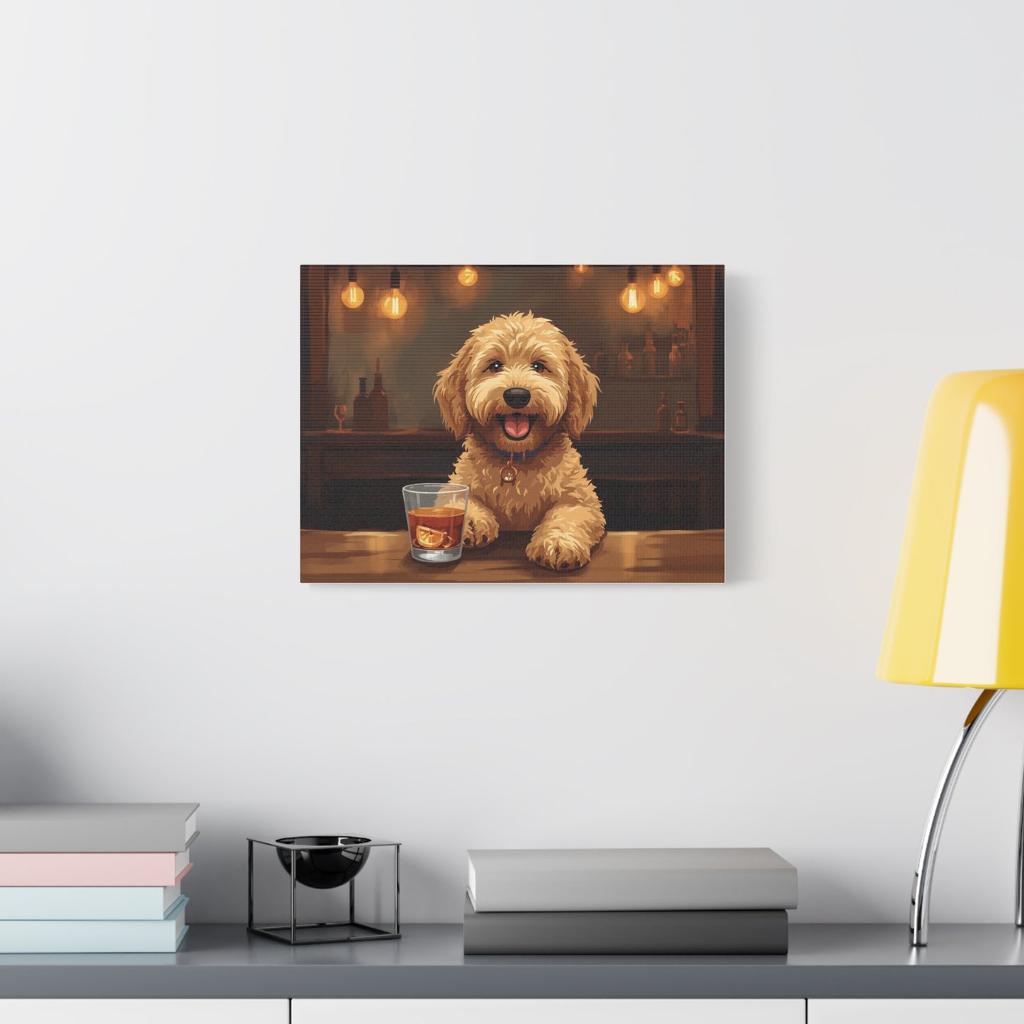 Happy Labradoodle Bar Art Canvas — Cute Dog with Whiskey Glass Wall Decor