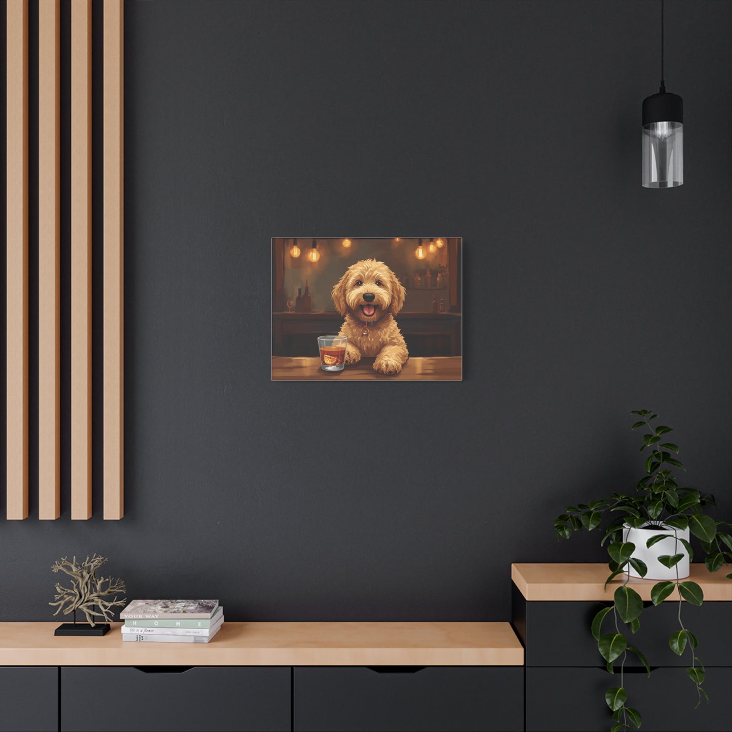 Happy Labradoodle Bar Art Canvas — Cute Dog with Whiskey Glass Wall Decor