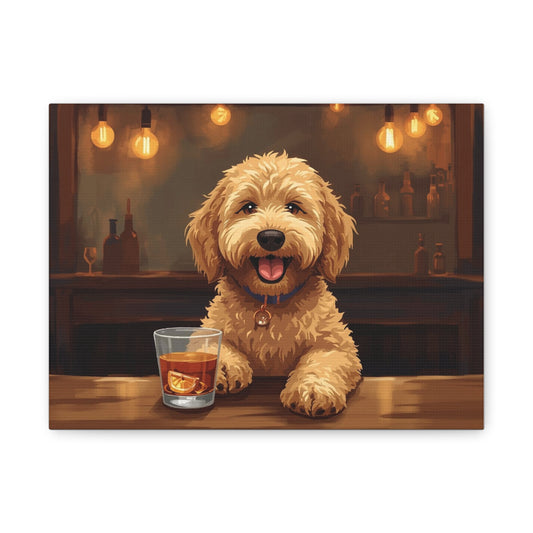 Happy Labradoodle Bar Art Canvas — Cute Dog with Whiskey Glass Wall Decor