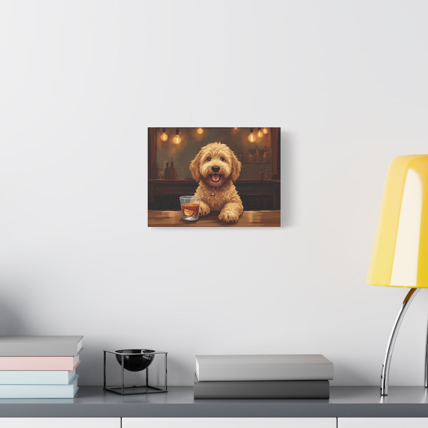 Happy Labradoodle Bar Art Canvas — Cute Dog with Whiskey Glass Wall Decor