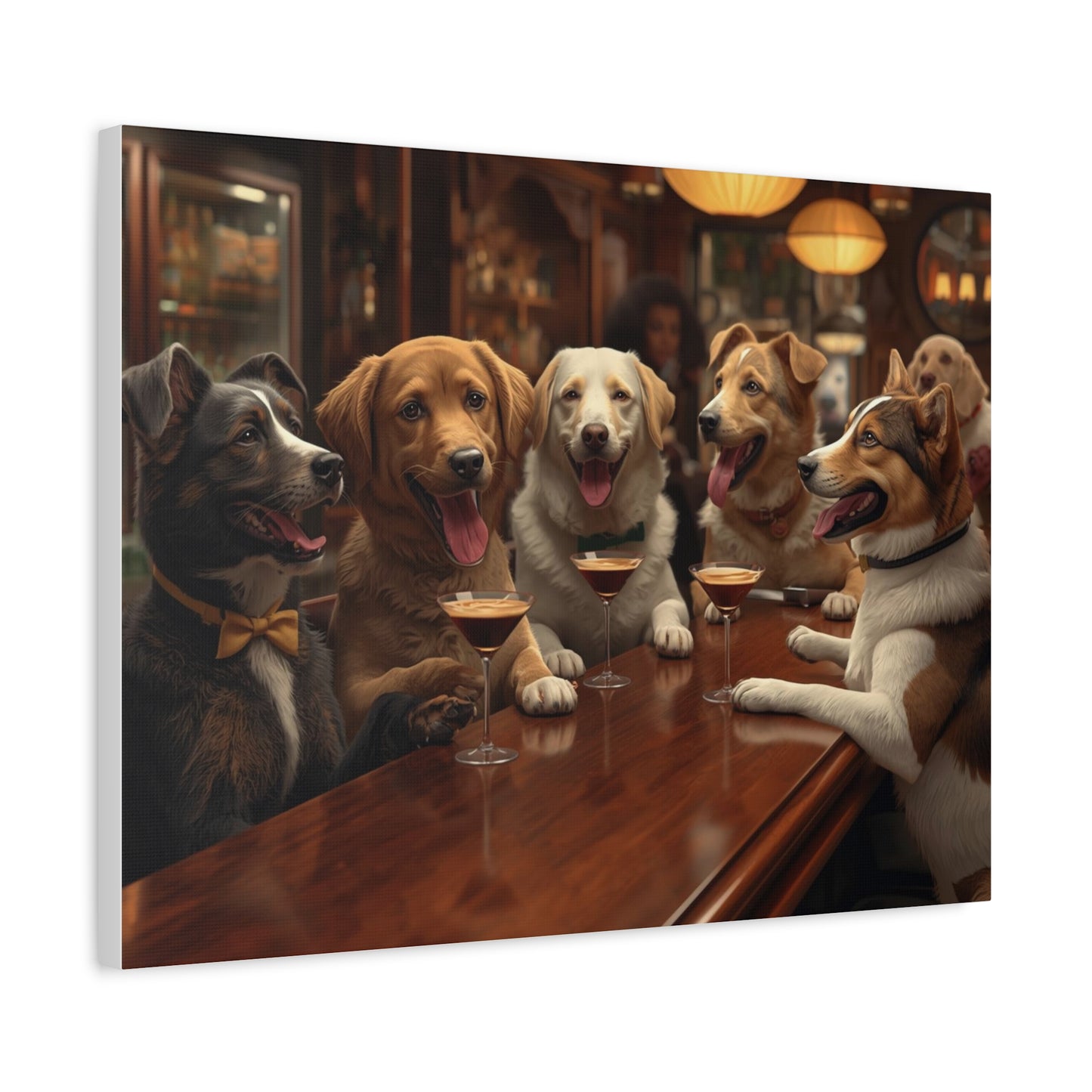 Dogs at the Bar Matte Canvas Wall Art — Funny Bar Scene for Dog Lovers