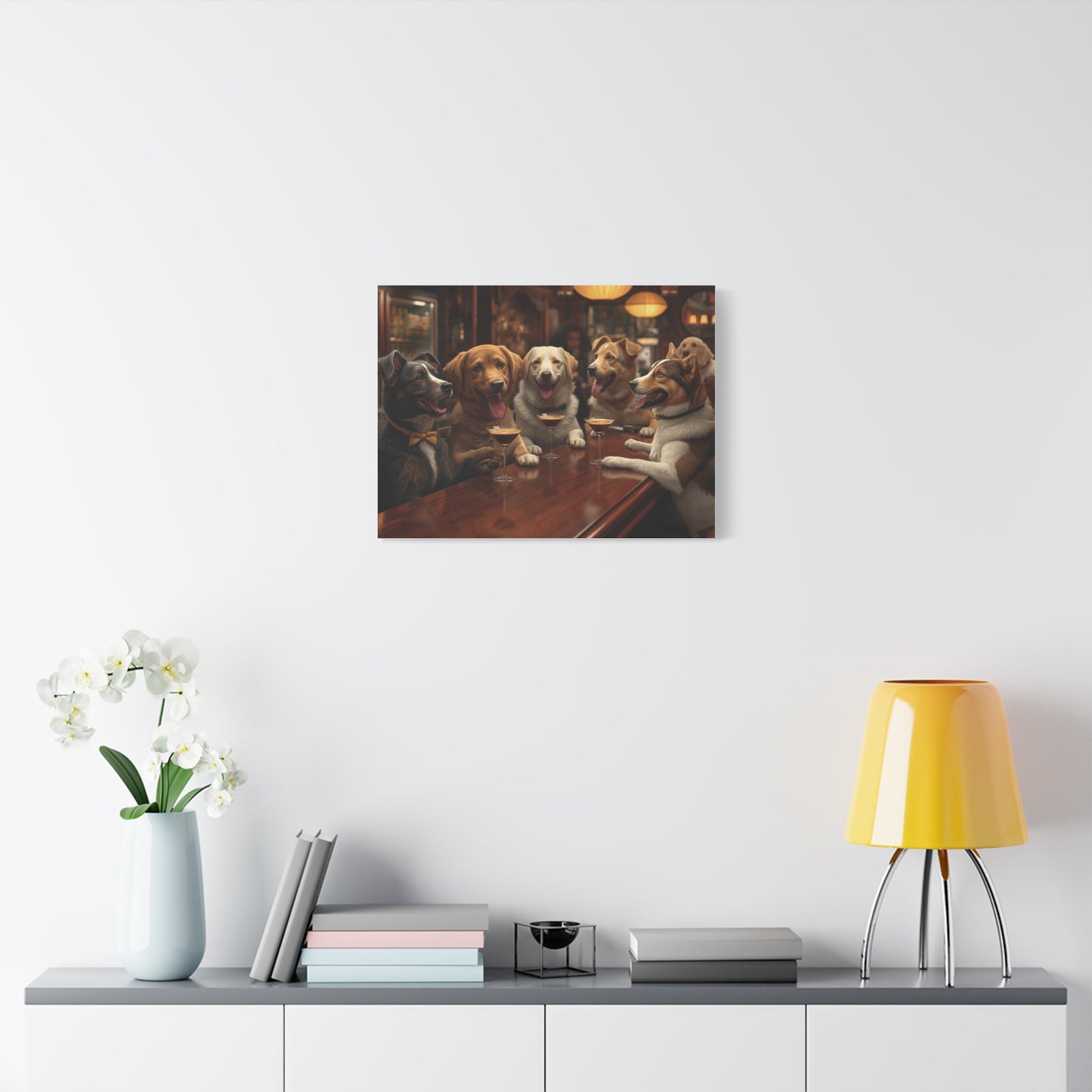 Dogs at the Bar Matte Canvas Wall Art — Funny Bar Scene for Dog Lovers
