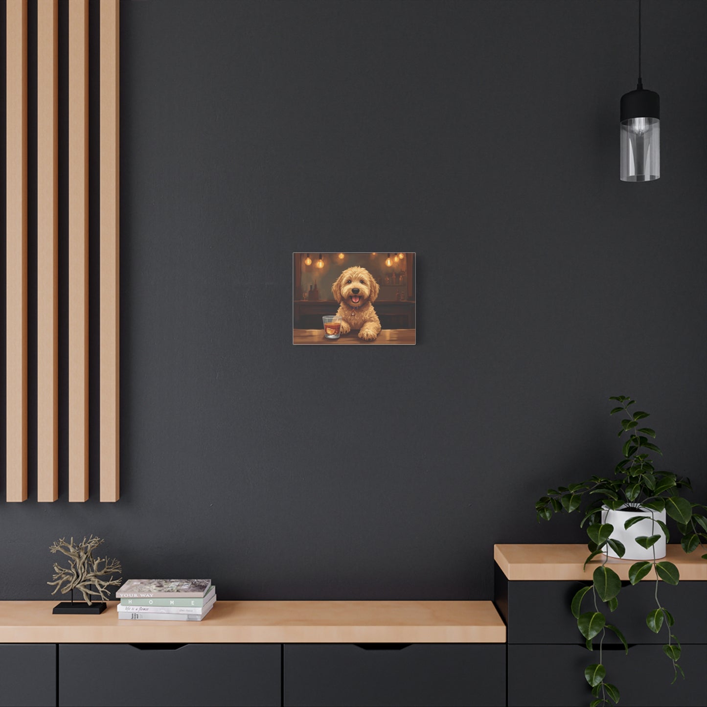 Happy Labradoodle Bar Art Canvas — Cute Dog with Whiskey Glass Wall Decor