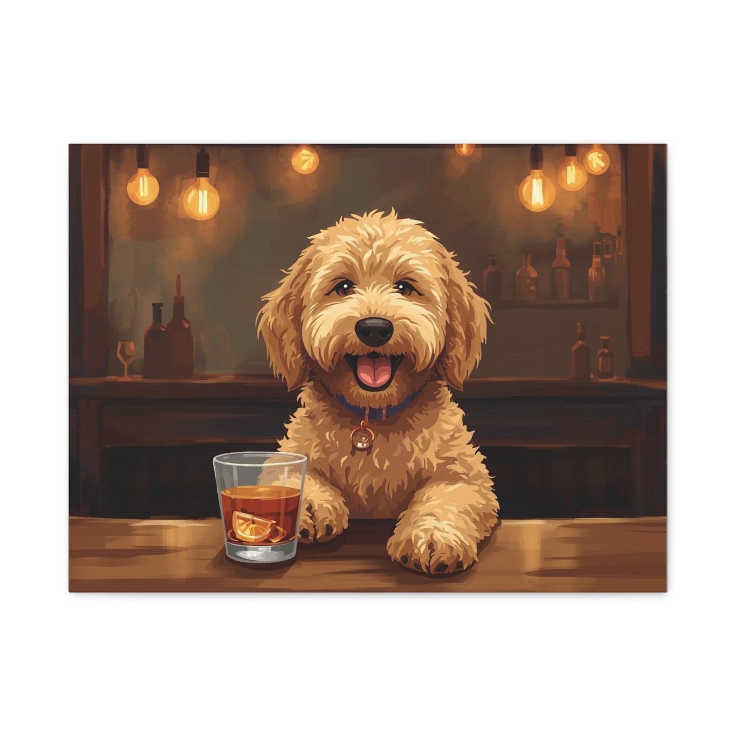 Happy Labradoodle Bar Art Canvas — Cute Dog with Whiskey Glass Wall Decor